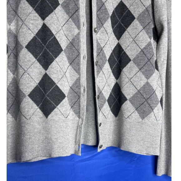 Women's Gray Argyle Long Sleeve Cardigan Sweater Twee Preppy Teacher Academia L - Picture 5 of 8